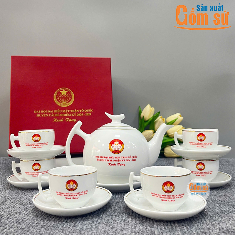 Bộ ấm ch&eacute;n bưởi c&agrave;nh in logo l&agrave;m qu&agrave; tặng