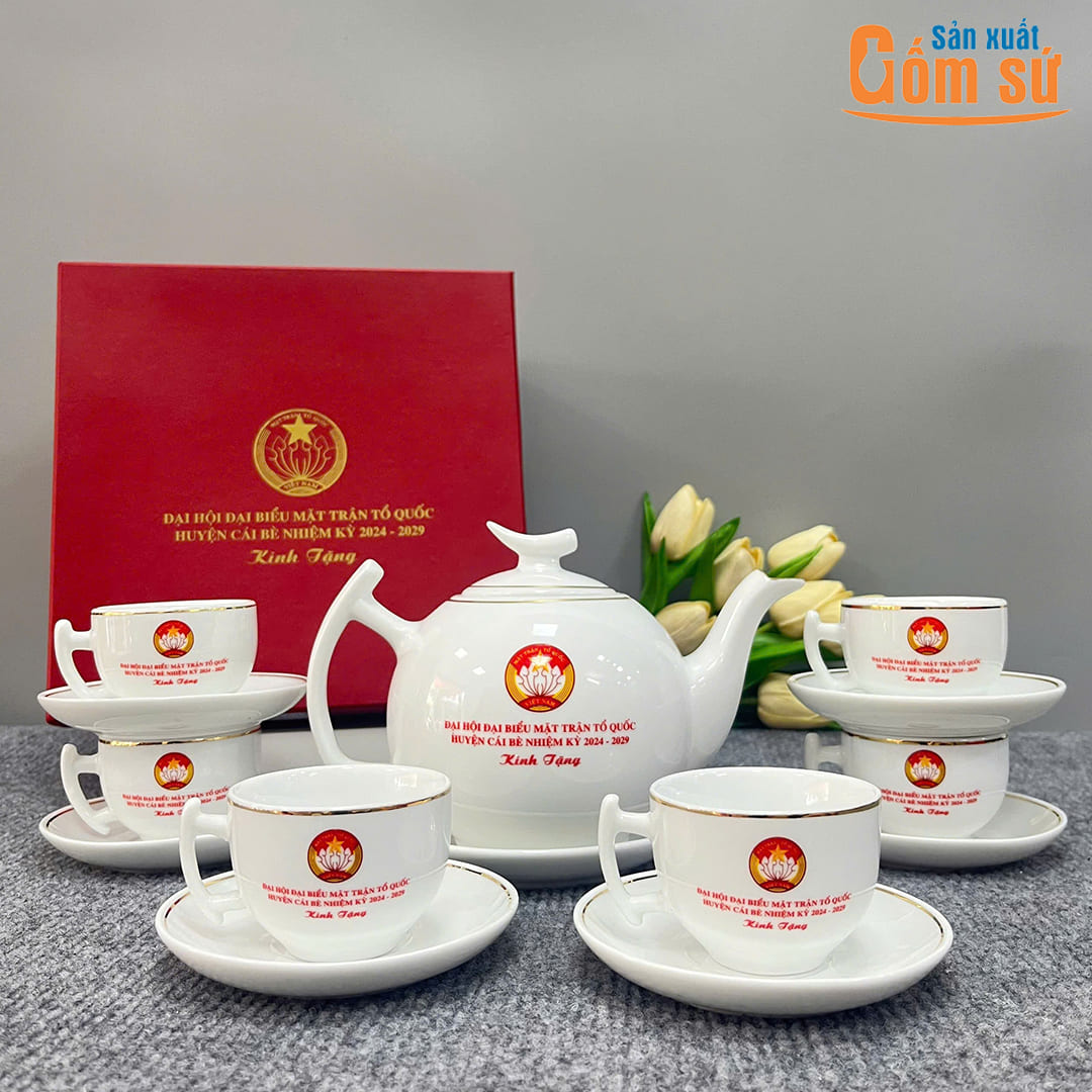 Bộ tr&agrave; bưởi c&agrave;nh chỉ v&agrave;ng in logo đại hội MTTQ