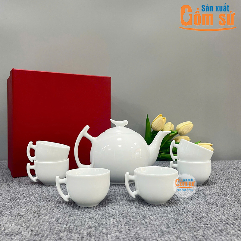Bộ ấm ch&eacute;n sứ trắng d&aacute;ng bưởi c&agrave;nh