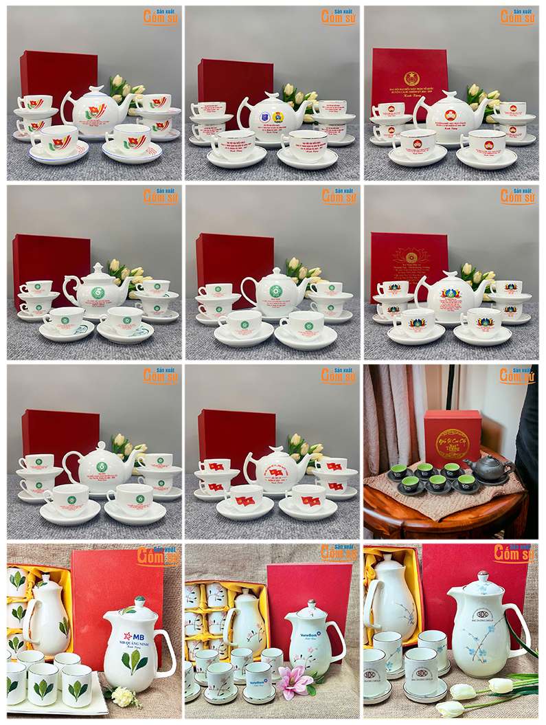 Bộ ấm ch&eacute;n in logo l&agrave;m qu&agrave; tặng
