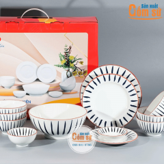 Bộ bát đĩa hoạ tiết kẻ sọc xanh viền nâu Sứ Trung Kiên