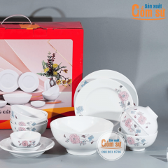 Bộ bàn ăn sứ trắng hoạ tiết hoa hồng Sứ Trung Kiên
