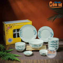 Set Bát Đĩa Men Kem Gốm Sứ Bát Tràng Hoa Sen Xanh
