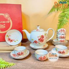 Bộ ấm chén Bát Tràng hoa đào kẻ chỉ nâu