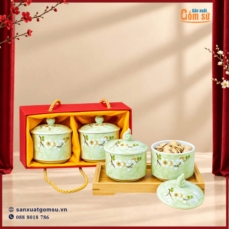 Set hai hũ đựng mứt Tết sứ Bát tràng [Quà tặng trọn gói]
