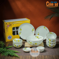 Set chén đĩa hoa đào xanh cốm men kem sứ Bát Tràng 