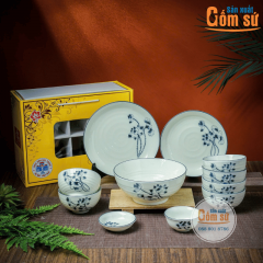 Set Bát Đĩa Men Kem Gốm Sứ Bát Tràng Hoa Sen Đen