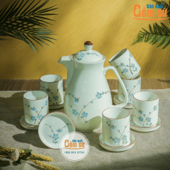 Bộ bình nước gốm sứ Bát Tràng vẽ hoa đào xanh