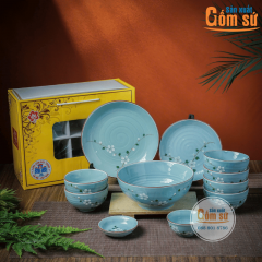 Set Bát Đĩa Men Xanh Gốm Sứ Bát Tràng Họa Tiết Hoa Đào Trắng