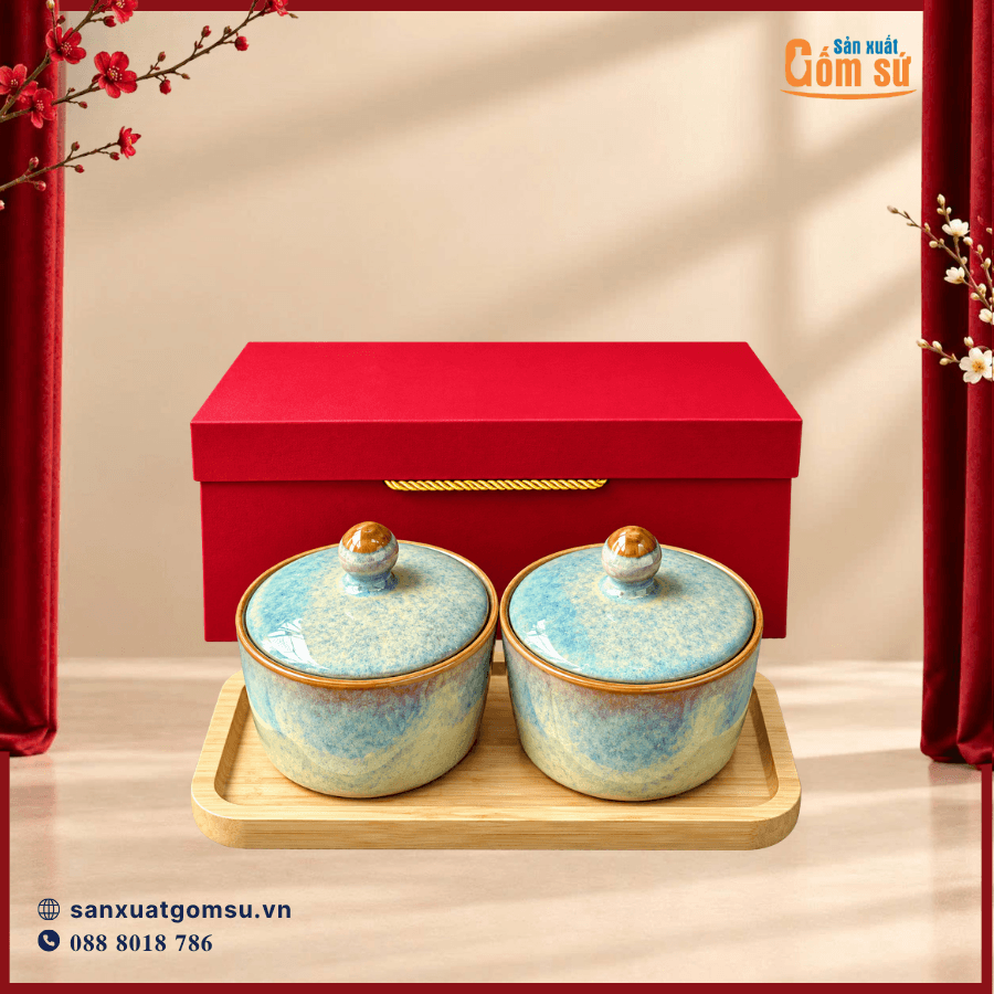 Set quà tặng Tết doanh nghiệp: Bộ hai hũ đựng mứt Tết men hỏa biến 