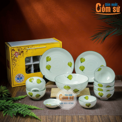 Set Bát Đĩa Gốm Sứ Bát Tràng Vẽ Lá Như Ý