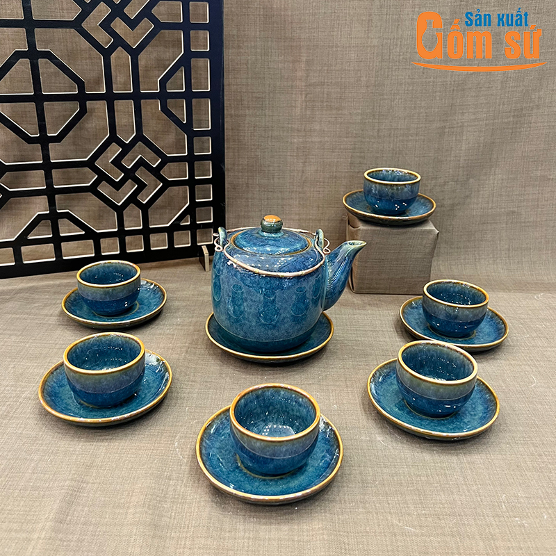 Bộ ấm ch&eacute;n B&aacute;t Tr&agrave;ng men xanh hỏa biến